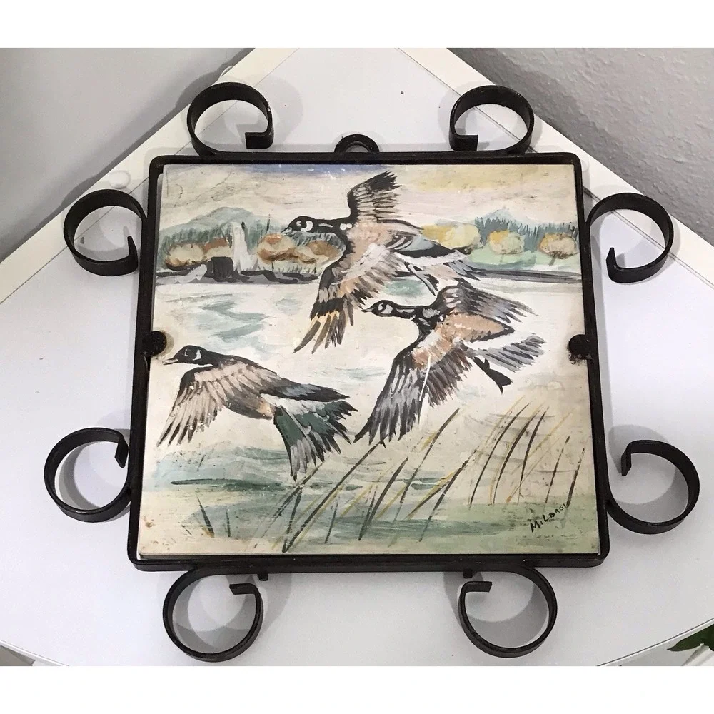 Vintage Geese Birds Tile Trivet Plaque Hand Paint Metal Scroll Frame Cabin Core